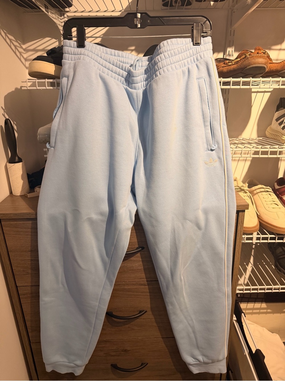 adidas Light Blue Kids Fleece Joggers with White Trim